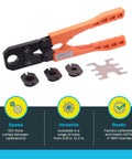 3/8 Inch To 2 Inch PEX Crimp Tool Multi-Head Kit With Orange Handles and various heads, Model 23100