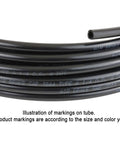 Close-up of Ready To Roll Three Size DOT Approved Air Brake Tubing Kit with markings on black nylon SAE J844 hose