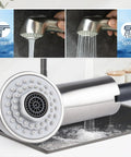 Heavy Duty Pull Out Spray Wand Replacement For Kitchen Faucets With Slick Super Steel Finish, showcasing spray and stream functions.