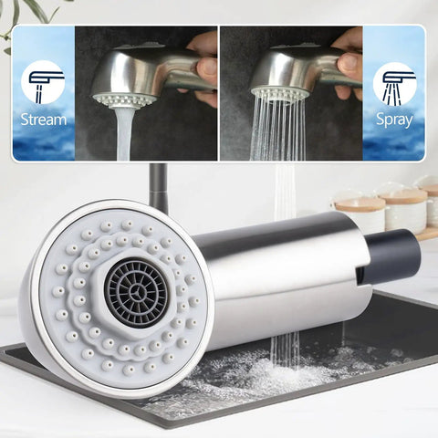Heavy Duty Pull Out Spray Wand Replacement For Kitchen Faucets With Slick Super Steel Finish, showcasing spray and stream functions.