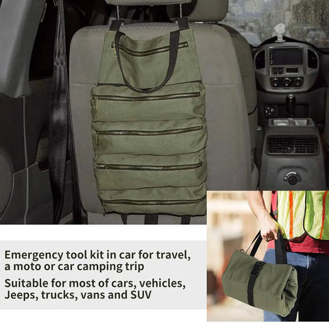 Heavy Duty Tool Roll Up Bag Portable Organizer For Mechanics Electricians And Repair Pros Waterproof Oxford Cloth Zipper Pouch Green Durable Tool Storage Case for car travel shown hanging on car seat and carried by a person.