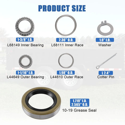 Trailer axle bearing kit (4-set) with L68149 inner bearing, L44649 outer bearing, and 1.719" grease seal.