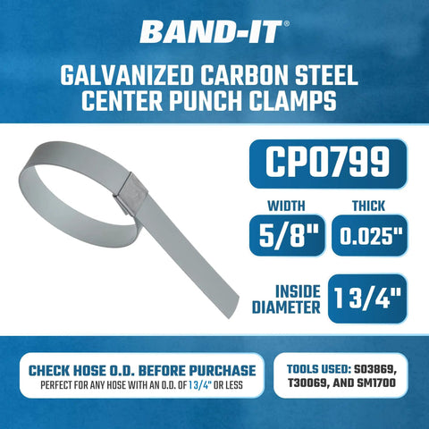 Center Punch Clamp Built From Galvanized Carbon Steel, 5/8 Inch Wide, 0.025 Inch Thick, 1-3/4 Inch Diameter with specifications shown