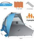X-Large 4 Person Beach Tent Sun Shelter Portable Instant Pop-Up Shade for the Beach, Fishing and Camping shown with dimensions