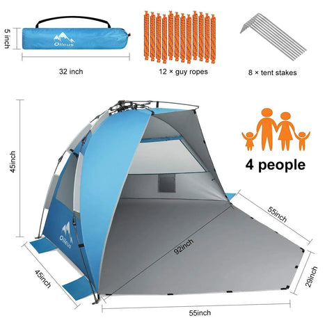 X-Large 4 Person Beach Tent Sun Shelter Portable Instant Pop-Up Shade for the Beach, Fishing and Camping shown with dimensions