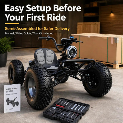 Electric Off Road Go Kart With 72V 3000W Motor with assembly kit and manual in garage setup