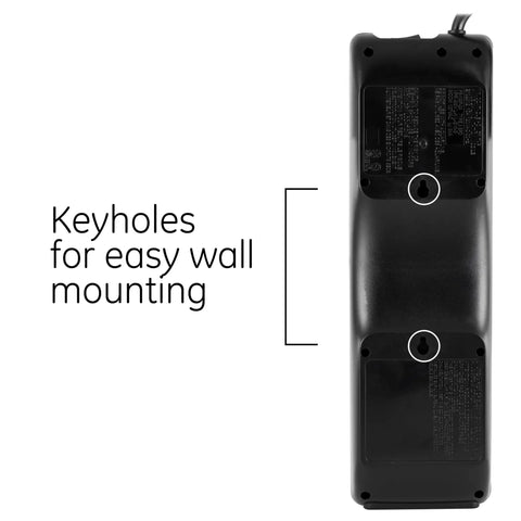 Back view of 10 Outlet Surge Protector With 2 USB Ports, 6 Foot Cord, 3000 Joules, Flat Plug, Twist To Close Safety Covers, showing keyholes for wall mounting.