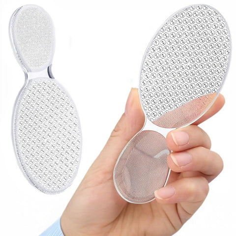 Glass Foot File With Fine Grinding Points For Dead Skin Removal And Calluses, shown handheld and highlighting dual texture surfaces