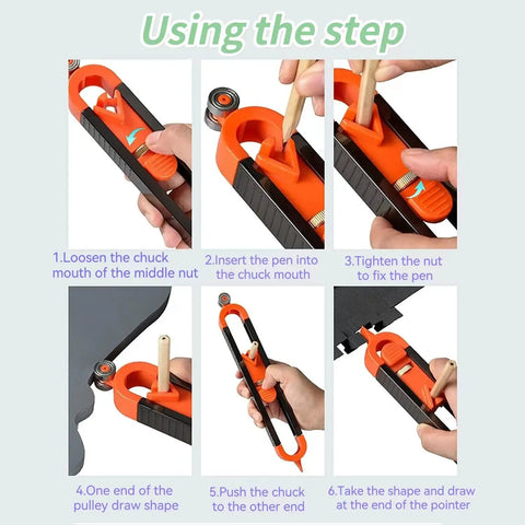 Heavy Duty Double Ended Contour Scribe Gauge With Smooth Ball Bearing Wheels And Locking Pencil Clamp demonstration steps for curved tracing.