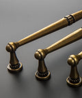 Close-up of Vintage Antique Bronze Cabinet Handles And Drawer Pulls For Kitchen Cupboards, Retro Style Knobs For Doors And Furniture, Classic Hardware