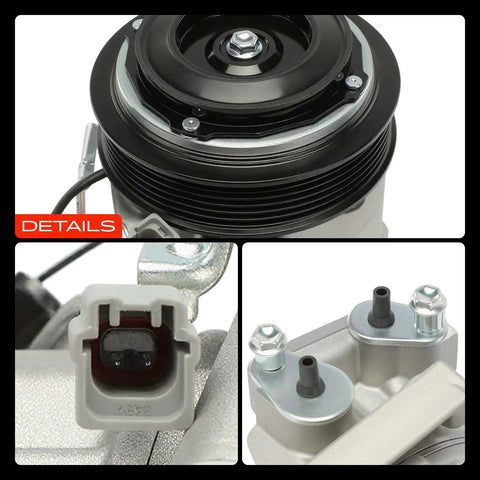 AC Compressor With Clutch For Nissan Altima And Rogue Featuring VCS 14EC design six groove pulley oil inlet and outlet details.