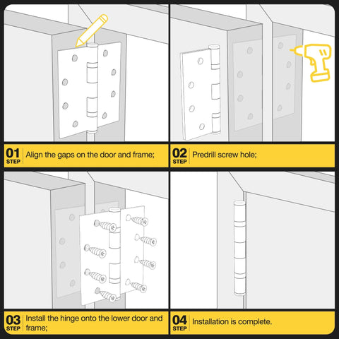 Installation guide for Ball Bearing Door Hinges 4.5 By 4 Inches Matte Black Square Corner 3mm Thick Non Removable Pin.