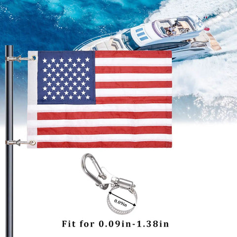 Boat Flag 12x18 Inch For Marine Use With 4 Flag Pole Kits USA Flag With 50 Embroidered Stars Heavy Duty Clips That Stand Up To High Winds All Weather Sewn Flag Fits Poles From 0.09 To 1.38 Inches shown on yacht.