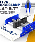 Upgraded 6.7 Inch Self Centering Doweling Jig Kit For Precise Panel Furniture Holes Drill Jig With 6 Guide Bushings Adjustable Width Drilling Guide For Power Tools Easy Setup And Accurate Jointing Pro Grade DIY Friendly, showing extra-large clamp with adjustable width of 0.4 to 6.7 inches.
