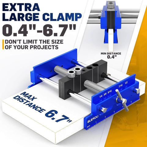 Upgraded 6.7 Inch Self Centering Doweling Jig Kit For Precise Panel Furniture Holes Drill Jig With 6 Guide Bushings Adjustable Width Drilling Guide For Power Tools Easy Setup And Accurate Jointing Pro Grade DIY Friendly, showing extra-large clamp with adjustable width of 0.4 to 6.7 inches.
