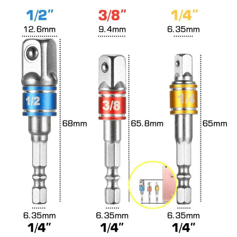 Turns Your Drill Into a High Speed Nut Driver With This Impact Grade Socket Adapter Set 1/4 To 1/2 Inch Drive Includes 1/4 3/8 1/2 Inch Adapters