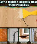 Person applying Super Tough White Wood Filler To Fill Cracks And Scratches Fast Easy Paintable Sandable Putty on damaged wood.