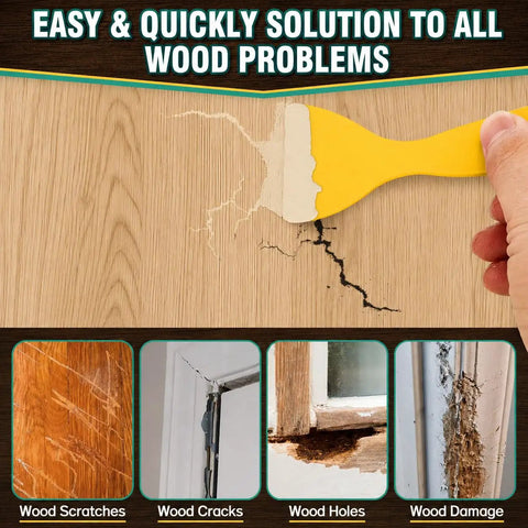 Person applying Super Tough White Wood Filler To Fill Cracks And Scratches Fast Easy Paintable Sandable Putty on damaged wood.