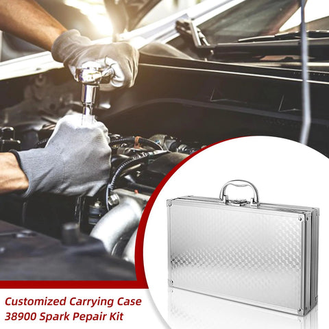 Two-valve spark plug repair kit with aluminum carrying case; mechanic working on Ford Triton engine.