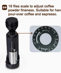 No Fuss Electric Coffee Grinder Featuring A 40mm Hardened Stainless Steel Conical Burr And 19 Exact Gear Positions showing grind settings for espresso and pour-over.