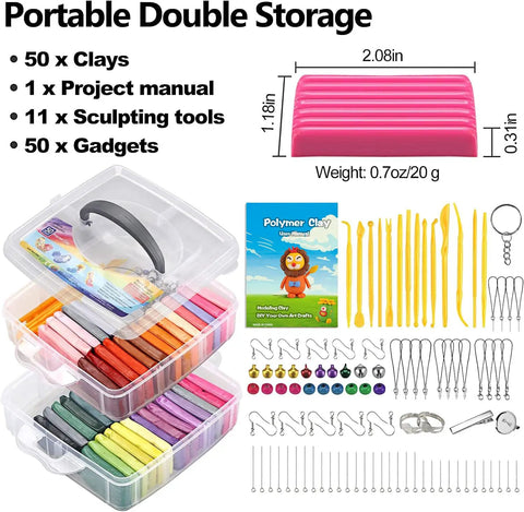 Ultimate Polymer Clay Starter Kit with 50 vibrant colors, storage box, sculpting tools, and project guide visible.
