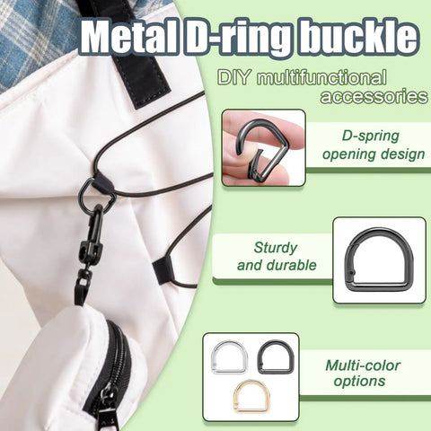 10 Pack Small D Ring Carabiner Clips Set attached to a white backpack, showcasing metal spring D rings keychain hooks.