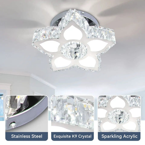 Crystal Flower Chandelier Modern LED Ceiling Light Fixture Flush Mount for Bedroom Living Room Dining Room Foyer, 29W, K9 Crystals With Stainless Steel Frame, Cool White Glow, Next Level Bright Home Lighting