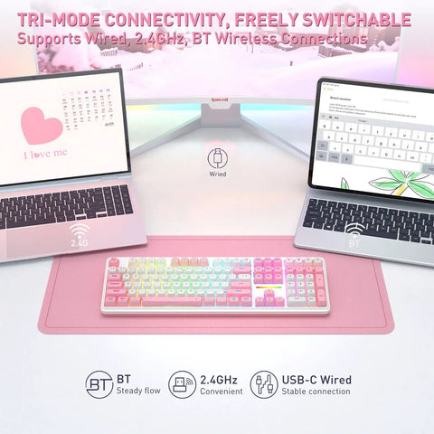 Beast Mode Full Size Gaming Keyboard With Real Gasket Mount And Dope Rgb Backlighting featuring tri-mode connectivity on a desk.