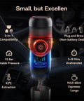 Straight Up Smooth Portable 12V Car And Home Espresso Maker Takes Ground Coffee And Capsules 15 Bar Pump in car cup holder.