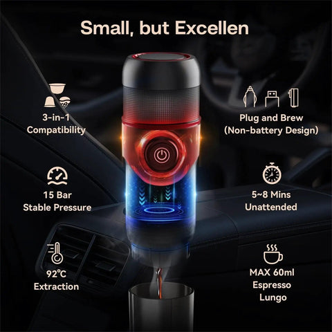 Straight Up Smooth Portable 12V Car And Home Espresso Maker Takes Ground Coffee And Capsules 15 Bar Pump in car cup holder.