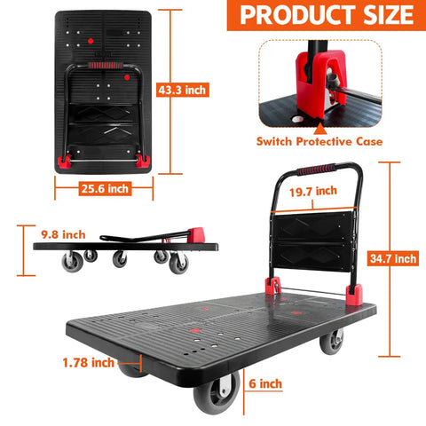 Heavy Duty Folding Platform Cart, 1600 Lbs Capacity, features 43.3 x 25.6 inch mesh deck and 6 inch wheels for easy mobility.