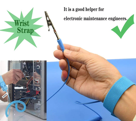 Person using High Temperature ESD Mat Kit With Wrist Strap And Ground Cord For Electronics, demonstrating safe PC maintenance.