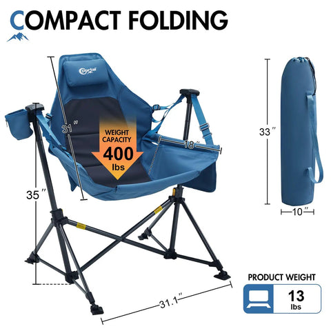 Heavy Duty 400 Lb Hammock Camping Chair With Adjustable Recline And Headrest Pillow Portable Foldable Swing Chair For Camping Beach Sports Events Beast Mode Steel Frame For Easy Setup Blue with carry bag