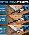 Cordless Reciprocating Saw Featuring Variable Speed Up To 3500 SPM For Smooth Tear Through Steel And Lumber Comes With Twin 2 Ah Batteries For Legit Heavy Duty Job Site Grind showing cutting through metal, wood, and plastic tube.