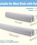 Two soft foam bed rail cushions with dimensions for Toddler Bed Rail Bumpers Set For Safe Sleep With Soft Kid Safe Padding Guardrail Cushions.