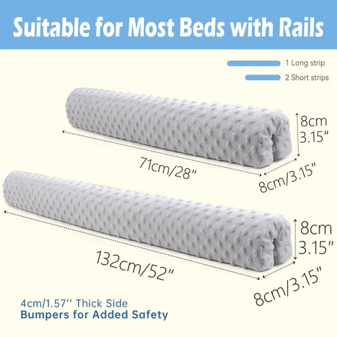Two soft foam bed rail cushions with dimensions for Toddler Bed Rail Bumpers Set For Safe Sleep With Soft Kid Safe Padding Guardrail Cushions.