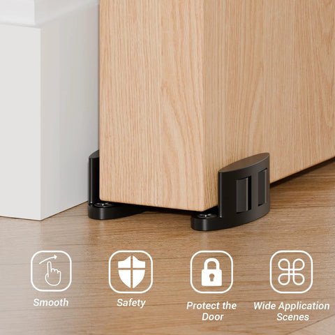 Sliding Barn Door Floor Guide With Adjustable Rollers, Double-Sided Bearing Design, Floor Mounted Black Finish, Space-Saving Aluminum Alloy