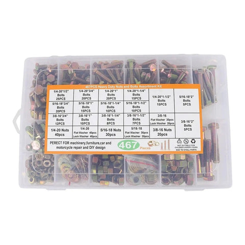 Massive 467 Piece Fastener Kit With Box Includes Hex Bolts Nuts And Machine Screws For Home DIY Projects And Automotive Repairs