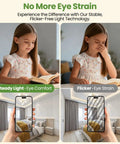 Comparison of steady light vs flicker light effect on reading, with girl experiencing eye comfort and strain under different light conditions.