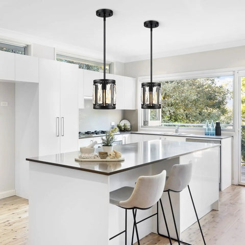 Crystal Drum Pendant Ceiling Light Semi Flush Mount Convertible Fixture for kitchen island in modern black and white kitchen
