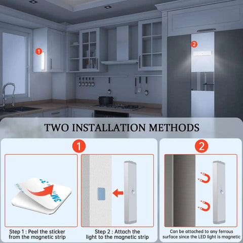 Installation of Closet Lights With Charging Station 36 LED Rechargeable Dimmable Motion Sensor Kit in kitchen, showing magnetic strip method.
