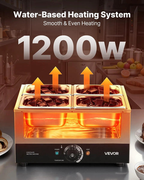 Heavy Duty Commercial Chocolate Melting Machine, Four Tank Water Bath Heater, Smooth Operator Build With Precision Temp Control on kitchen counter.