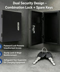 Rock Solid EV Charger Enclosure Box Featuring Quick Set Combo Lock Wall Mount Weatherproof Shield with spare keys inside.