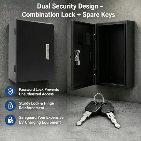 Rock Solid EV Charger Enclosure Box Featuring Quick Set Combo Lock Wall Mount Weatherproof Shield with spare keys inside.