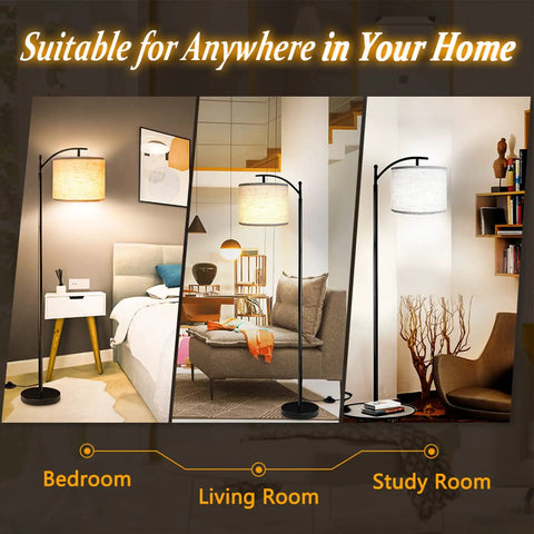Tall Industrial Floor Lamp With 3 Color Temperatures, 9W LED Bulb Included, Black Finish, Beige Lampshade in a bedroom