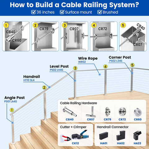 Guide on building a cable railing system with 600 Ft One Eighth Inch T316 Stainless Steel Cable Railing Kit and detailed hardware.