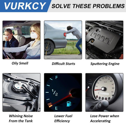 Collage showing vehicle issues like oily smell, difficult starts, sputtering engine, whining noise, lower fuel efficiency, lost power.