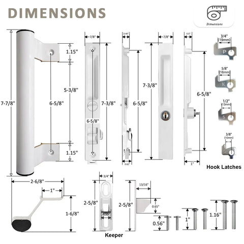 Dimensions of White Sliding Glass Door Handle Set With Sturdy Latch And No Hassle Install for patio doors.