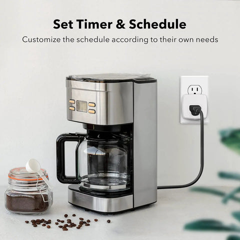 Smart Plug Mini 15A WiFi Outlet Works With Alexa And Google Assistant, Remote Control With Timer, shown powering coffee maker