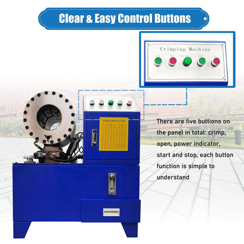 Rock Solid Electric Hose Crimping Machine With Ten Swappable Dies For Hydraulics And Steel Tubes Quick Change Design with control panel.